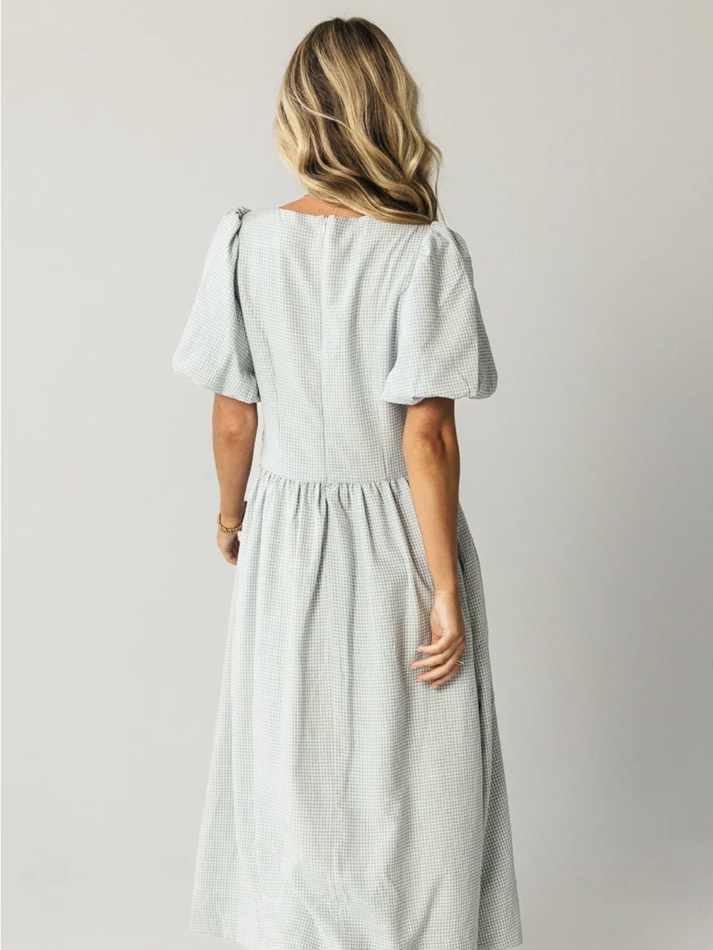 Boheme Light Blue Gingham Maxi Dress with Square Neck and Puff Sleeves - Picture 5 of 13